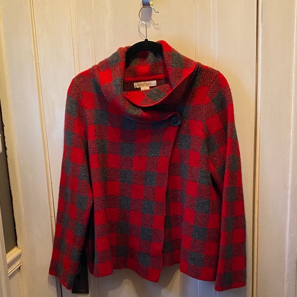 Ellen Tracy Red and Gray Checkered Cowl Neck Sweater